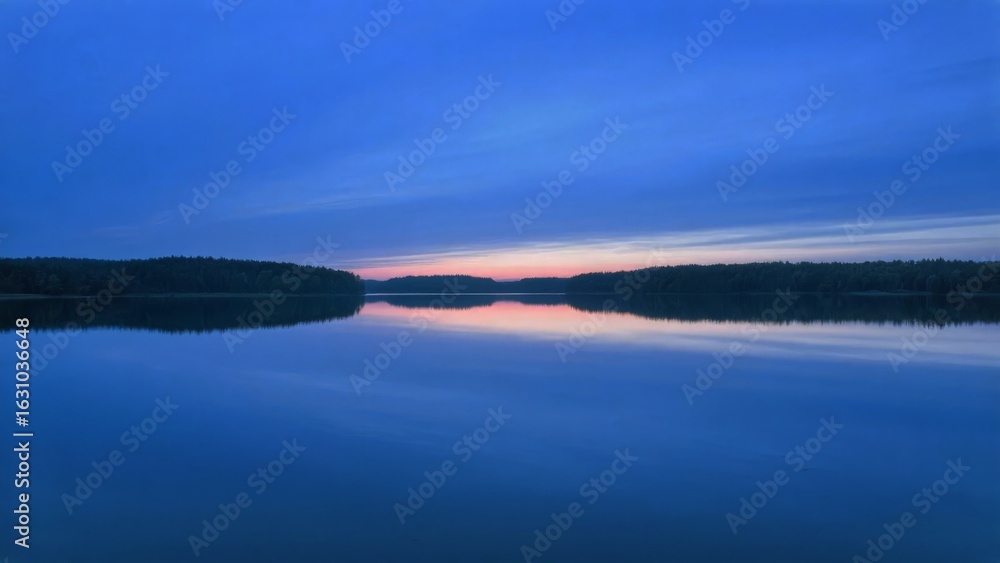 Fototapeta premium Calm Lake at Dusk with Reflective Water and Silhouetted Hills