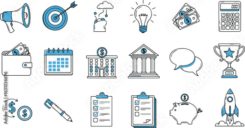 Collection of business and finance icons representing success growth strategy and investment opportunities