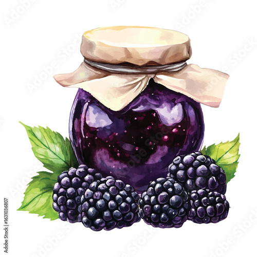 Watercolor Blackberry Jam png  Vector Illustration with Fresh Berries and Green Leaves Art