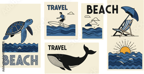 Collection of vintage style beach and travel illustrations featuring a sea turtle surfer whale and beach chair