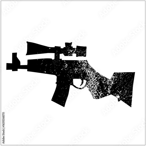 Vector Detailed black firearm with scope and attachments.