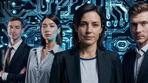 Diverse business team with tech circuit background. Use for AI, leadership, corporate, tech branding and innovation content
