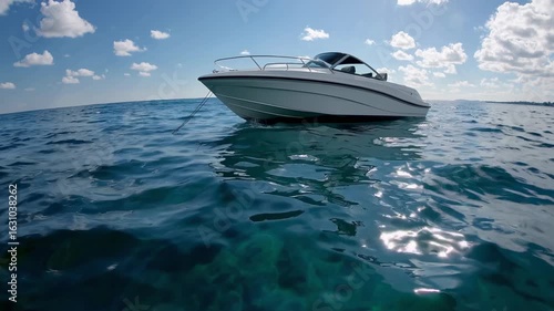 White boat floating in clear blue sea. Use for marine lifestyle, luxury travel, summer tourism and ocean adventure
