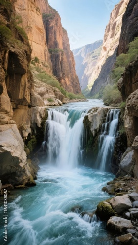 Waterfall cascading through a narrow canyon with towering rock walls and vibrant turquoise water