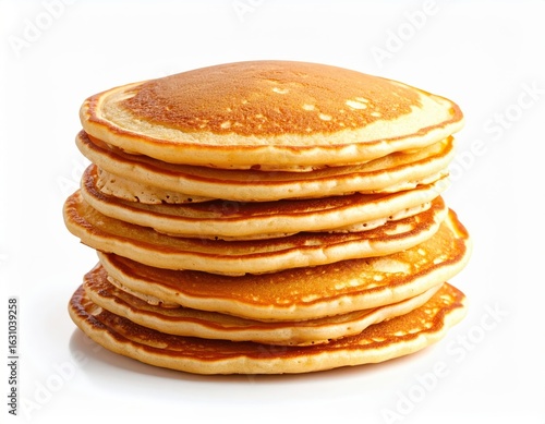 Stack of seven fluffy golden-brown pancakes with a slightly crispy edge arranged in a tall tower on a clean white background, perfect for breakfast or brunch