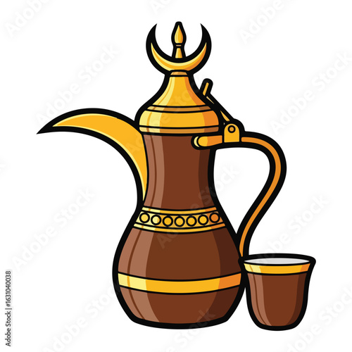 Cartoon illustration of traditional coffee pot and cup