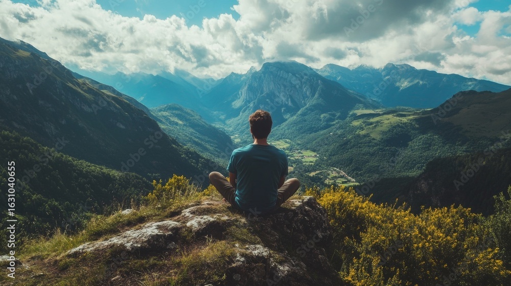Naklejka premium Man meditating on mountain top with scenic view, finding peace and mindfulness in nature.