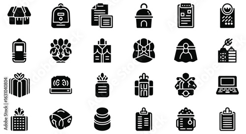 Collection of Black and White Icons Representing Various Objects and Concepts Vector illustration of