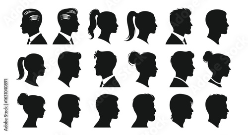 Diverse Collection of Human Profile Silhouettes in Vector illustration of Black and White people faces