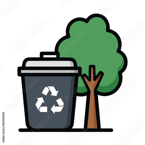 Recycling bin and tree graphic for eco awareness educational materials