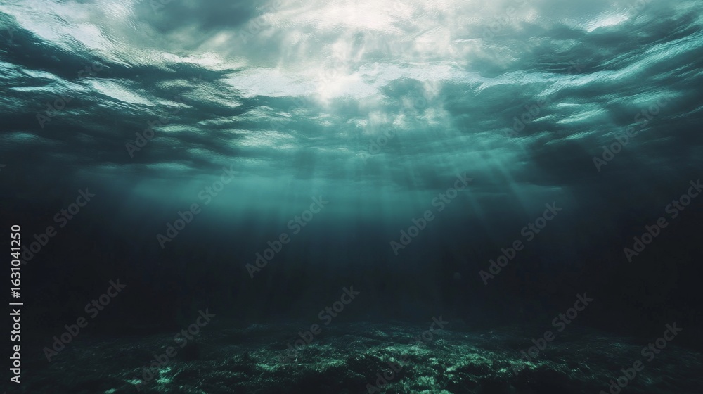 Fototapeta premium Underwater view of ice sheet with sunlight filtering through the ice.