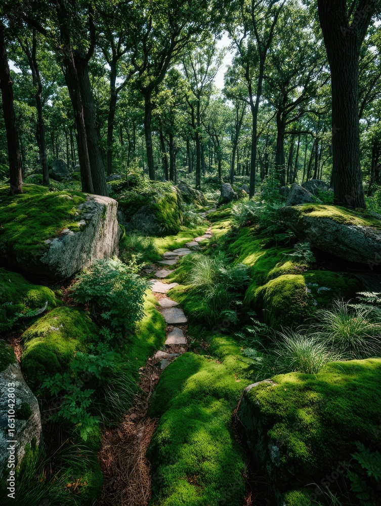 Fototapeta premium Moss-covered path through a sun-drenched forest