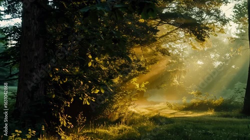 Golden sunbeams through misty forest. Use for spirituality, meditation, mindfulness, nature retreats and inspirational content
