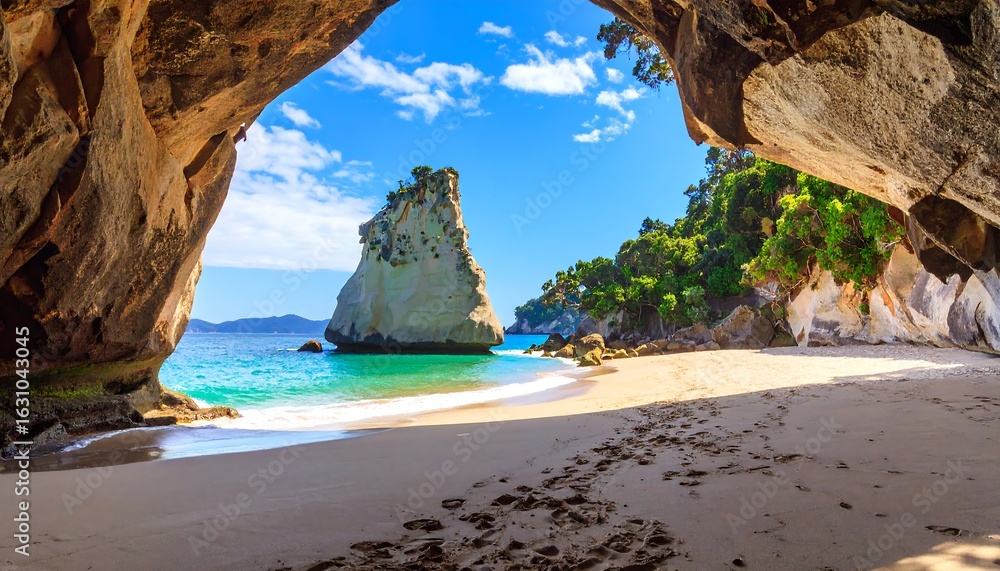 Fototapeta premium Coastal cave with sandy beach and rock formations