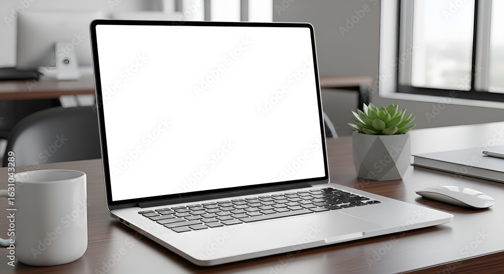 Fototapeta premium A modern laptop with a blank white screen on a wooden office desk. Perfect for website or application mockups and presentations.