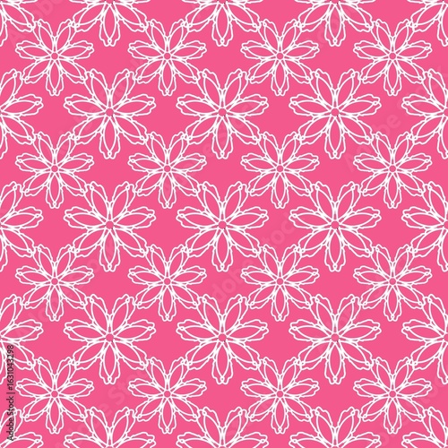 Seamless pattern. Delicate white floral motif on bright pink background. Modern and simple design. For fabric print, stationery, digital paper, wallpaper. 
