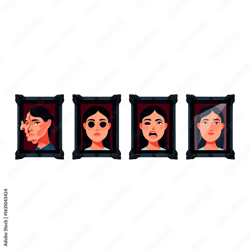 Obraz premium Four portraits of a woman showing different emotions in frames art illustration digital painting