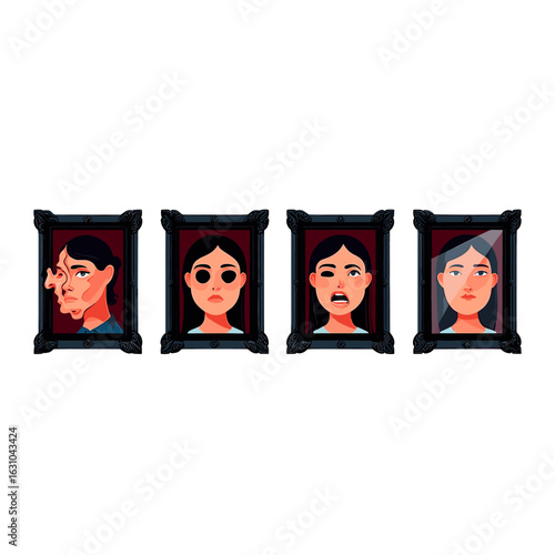 Four portraits of a woman showing different emotions in frames art illustration digital painting