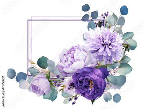 Lavender and purple floral arrangement with eucalyptus leaves in a square frame against a transparent background, PNG