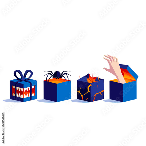 Scary gift boxes illustration with monster spider fire and hand for halloween or prank concept art