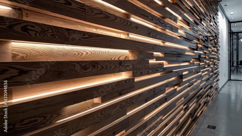 Architectural wood wall with ambient lighting. Use for interior design, architecture, real estate and product staging
