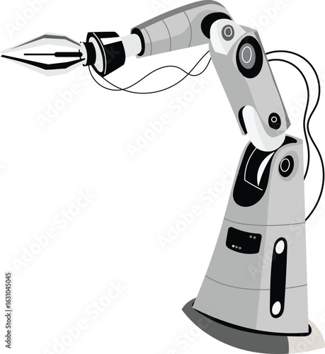 A robotic arm holds a drawing pen, suggesting automation in art or design.
