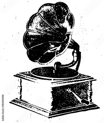 Vector Vintage gramophone with detailed horn and crank handle.