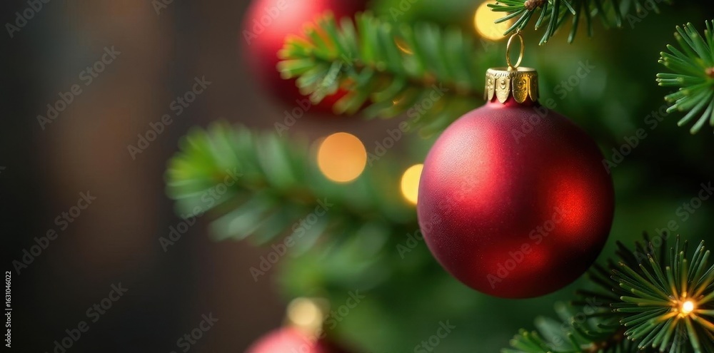 Fototapeta premium Golden ornament on Christmas tree branch, bokeh background, golden lights, bright