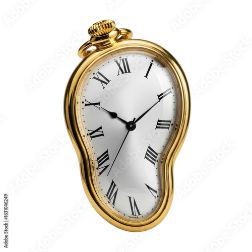 A golden pocket watch appears to melt and drip, featuring a white face with black roman numerals, symbolizing the abstract nature of time and surrealism.