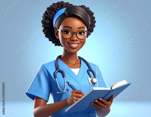 A cheerful animated Black woman, depicted as a healthcare professional, wearing blue scrubs and a stethoscope, smiling while writing notes in a book.