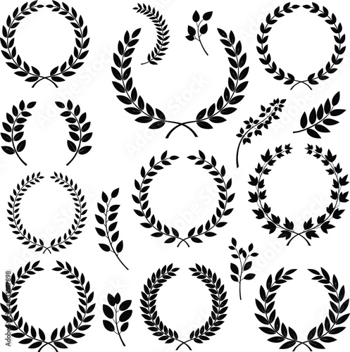 Set of laurel wreath vector illustrations with decorative floral elements and vintage design symbols