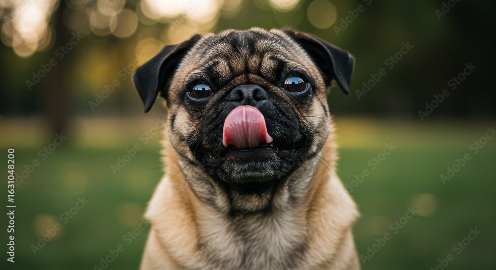 Obraz premium Adorable Pug Dog playfully sticks out tongue soft outdoor light. AI Generated