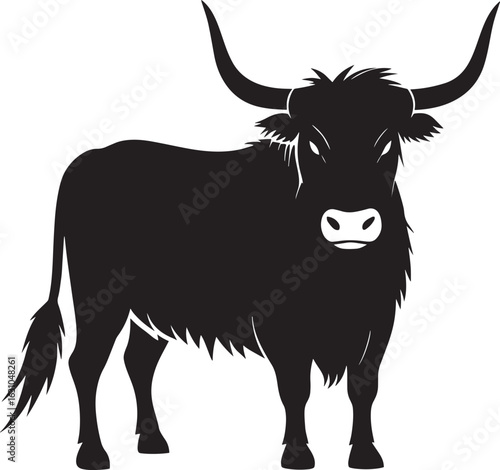 Silhouette of a highland cow standing isolated on white background