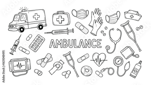 Hand-drawn doodle collection of ambulance and medical emergency icons, a comprehensive healthcare illustration set for various designs.