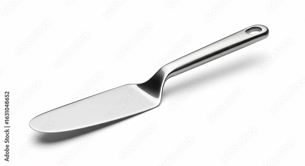 Fototapeta premium Sleek metallic cake server gleams brightly against pure white background. AI Generated