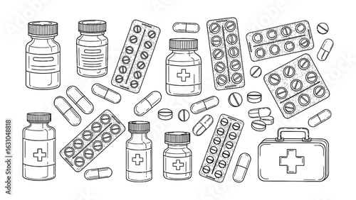 Hand-drawn vector illustration set of medical and pharmacy items. A doodle-style sketch of pills, medicine bottles, and first aid supplies.