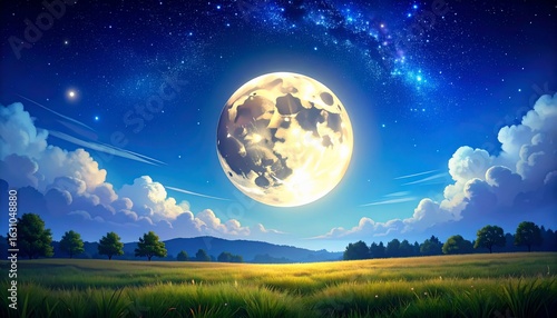 Enormous Moon Over Serene Landscape: A Nighttime Fantasy