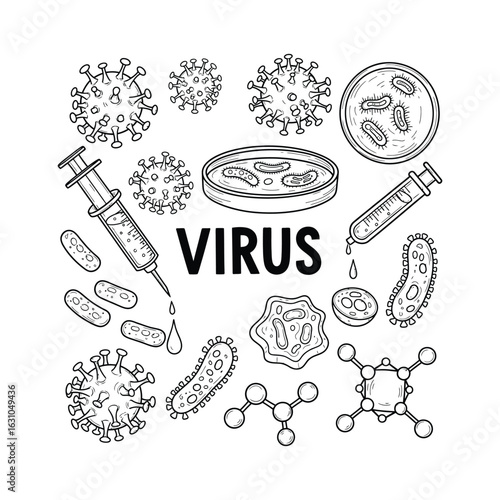 Hand-drawn collection of microbiology and virology doodle icons, including virus cells, bacteria, and laboratory equipment illustrations