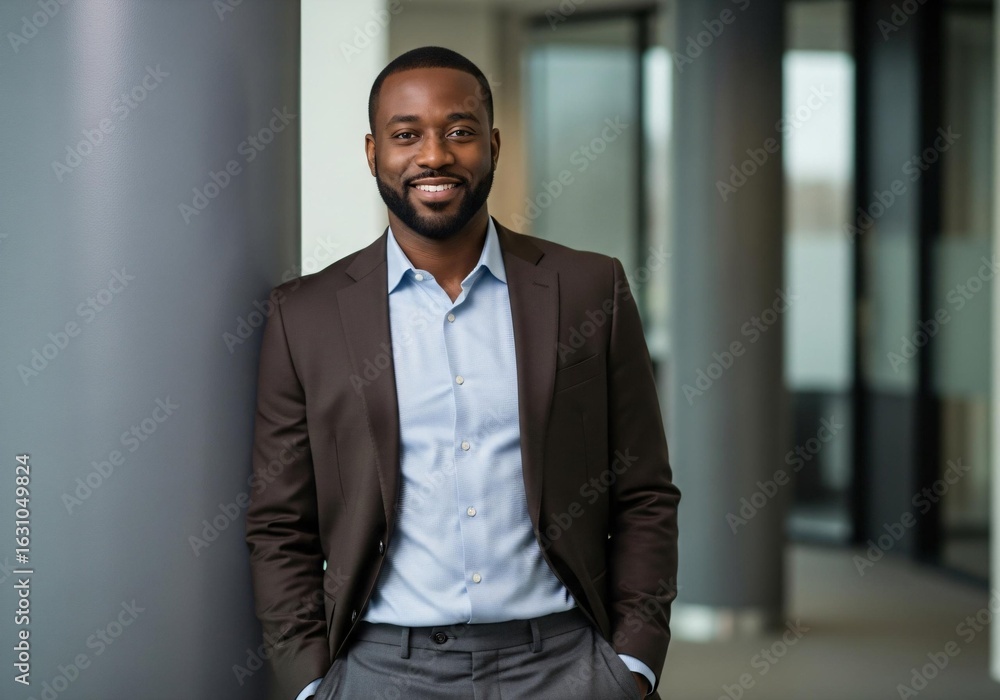 Confident businessman smiling in modern office space Confident businessman smiling in modern office space
