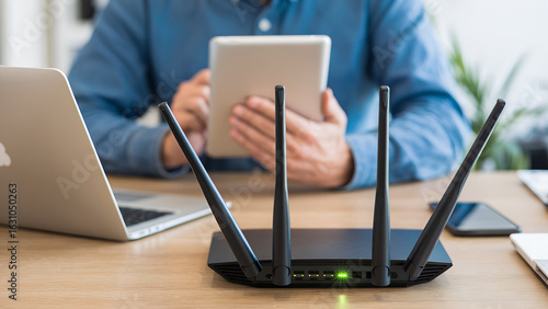 Person using tablet with wireless router and laptop on desk