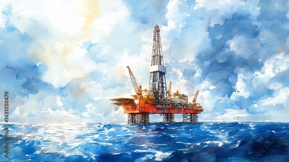 Obraz premium Watercolor painting of offshore oil platform under cloudy sky during the day