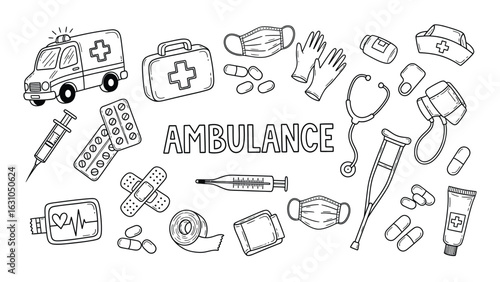 Hand-drawn collection of ambulance and medical emergency doodles, showcasing first aid kits, stethoscopes, and various healthcare icons in a sketch style.