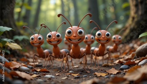 Cartoon ants marching through a forest