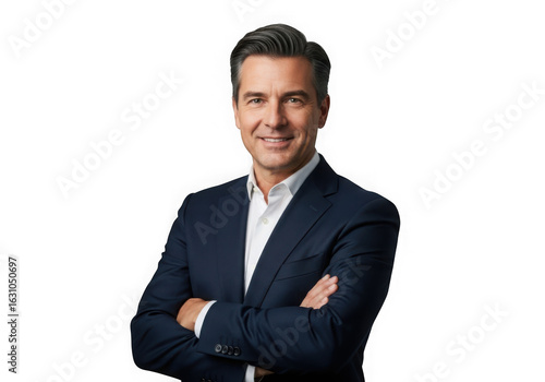 Professional businessman executive leader ceo portrait with arms crossed in navy suit isolated on transparent background
