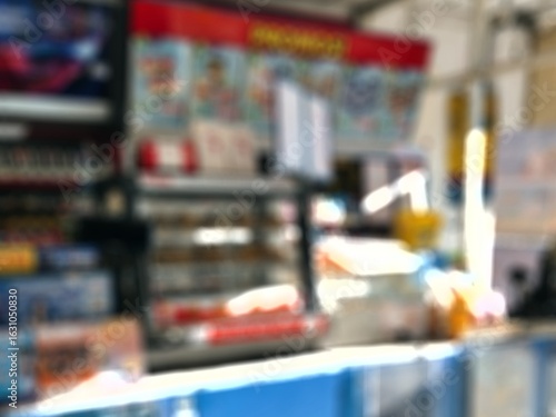 Defocused abstrack background of minimarket or convenience store in the afternoon