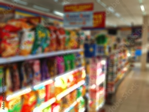 Defocused abstrack background of minimarket or convenience store in the afternoon