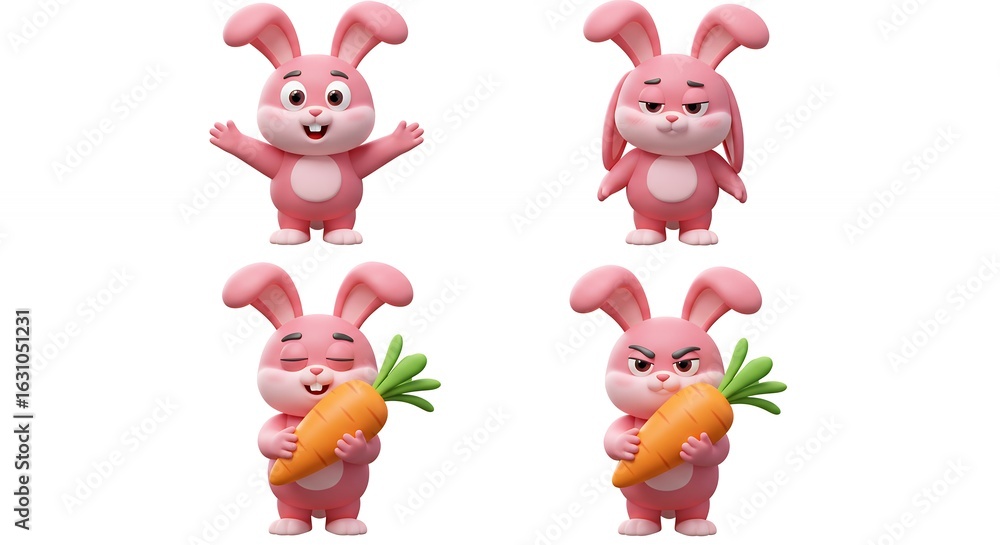 Naklejka premium Four pink cartoon rabbits with different expressions