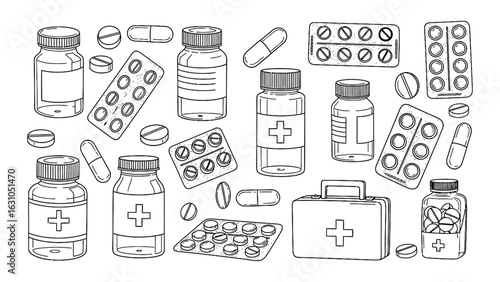 A hand-drawn sketch collection of various medical items, including pills, capsules, medicine bottles, and a first-aid kit.