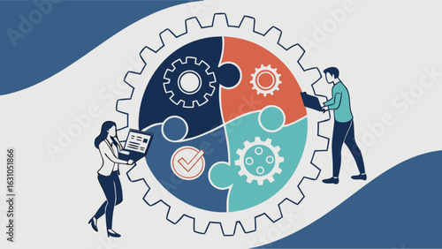 Teamwork collaboration process management with gears and people working together illustration concept