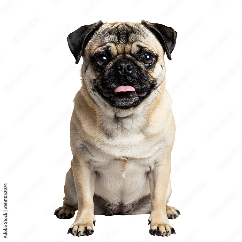 Obraz premium A cute pug sitting and posing with tongue sticking out. The dog has wrinkly face, and dark patches around eyes, isolated on transparent background